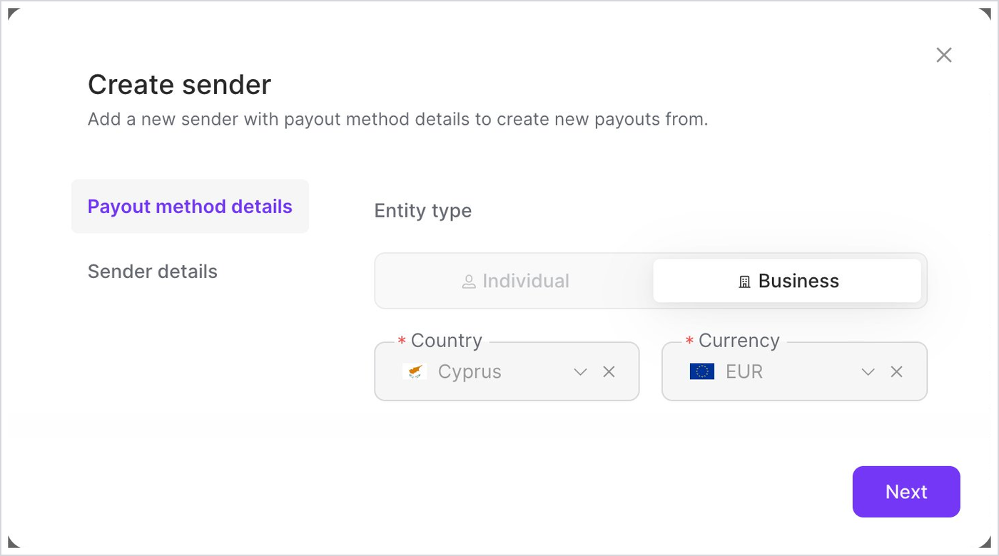 Create sender - payout method details